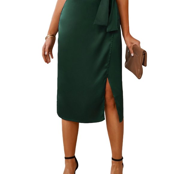 Green Satin Wrap Midi Skirt with Split - Picture 14 of 14